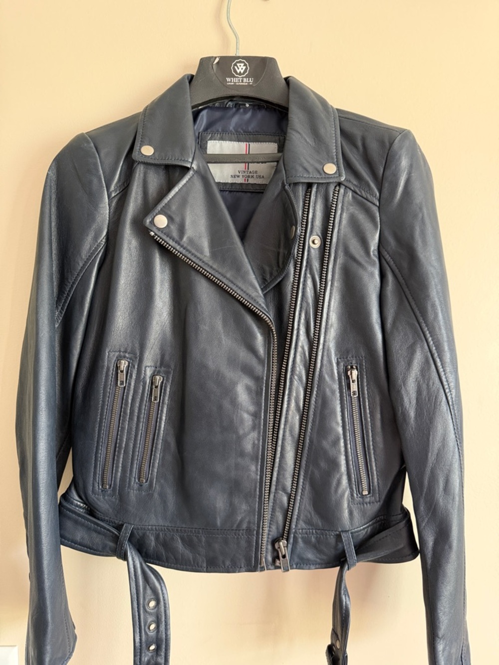 Whet Blu Genuine Leather Moto Jacket | Dark Navy
